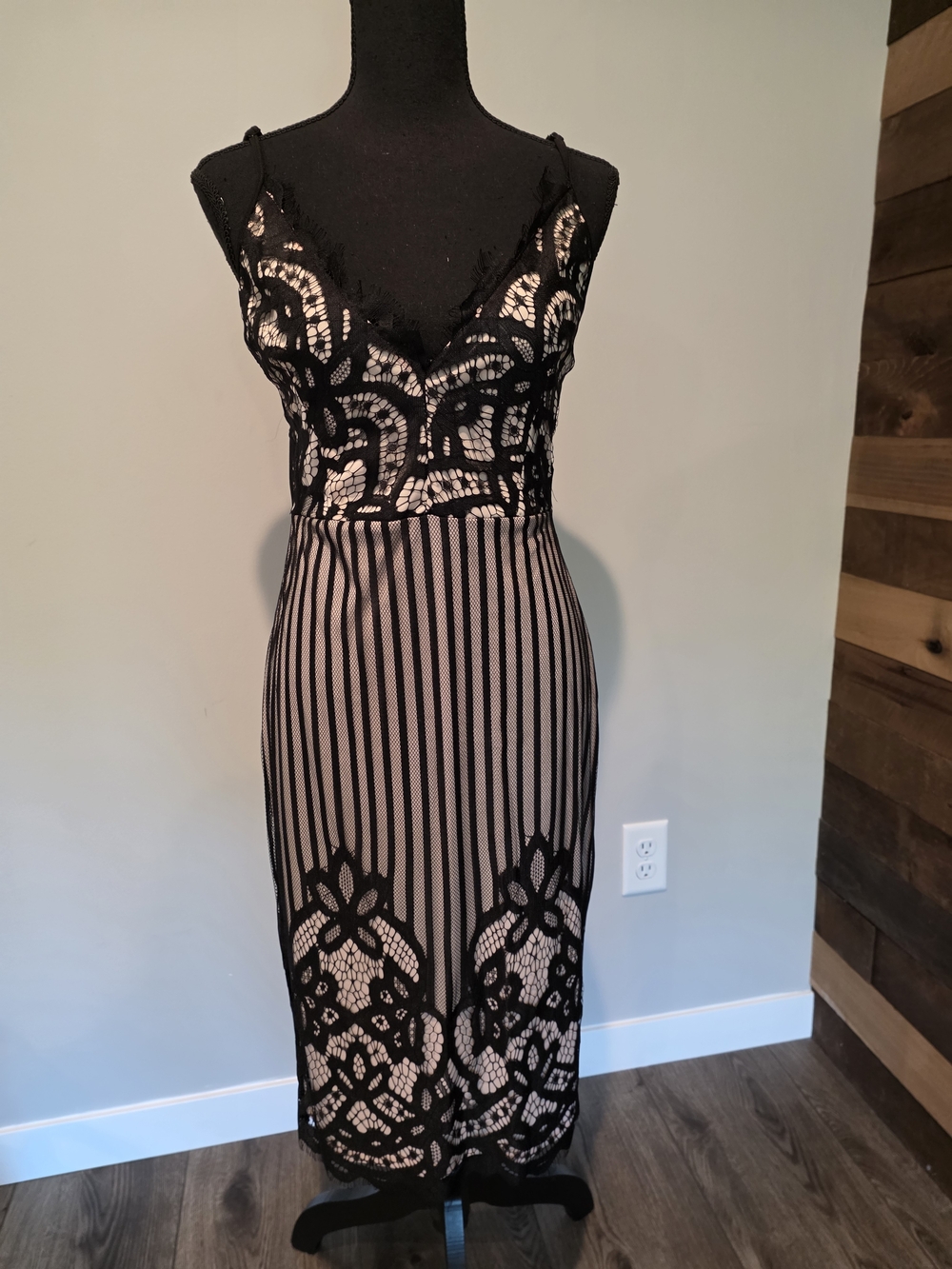 Black Lace & Nude Underlay Striped Midi Dress